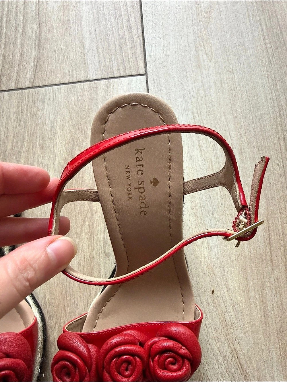 Kate Spade New York Jill Espadrille Wedge Red Rose Striped Sandals Twee - Picture 4 of 8